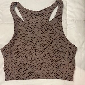 Allfenix Women's High-Neck Racerback Sports Bra - Brown with Black Dot Print